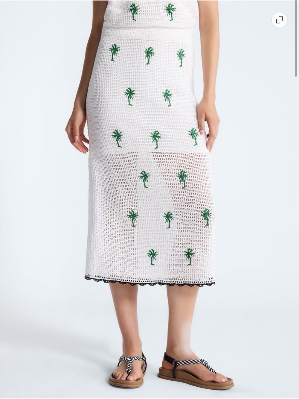 Free Assembly White Crochet Midi Skirt with Green Palm Embroidery size L